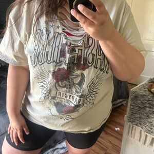 Graphic Tee with Guitar and Rose Design